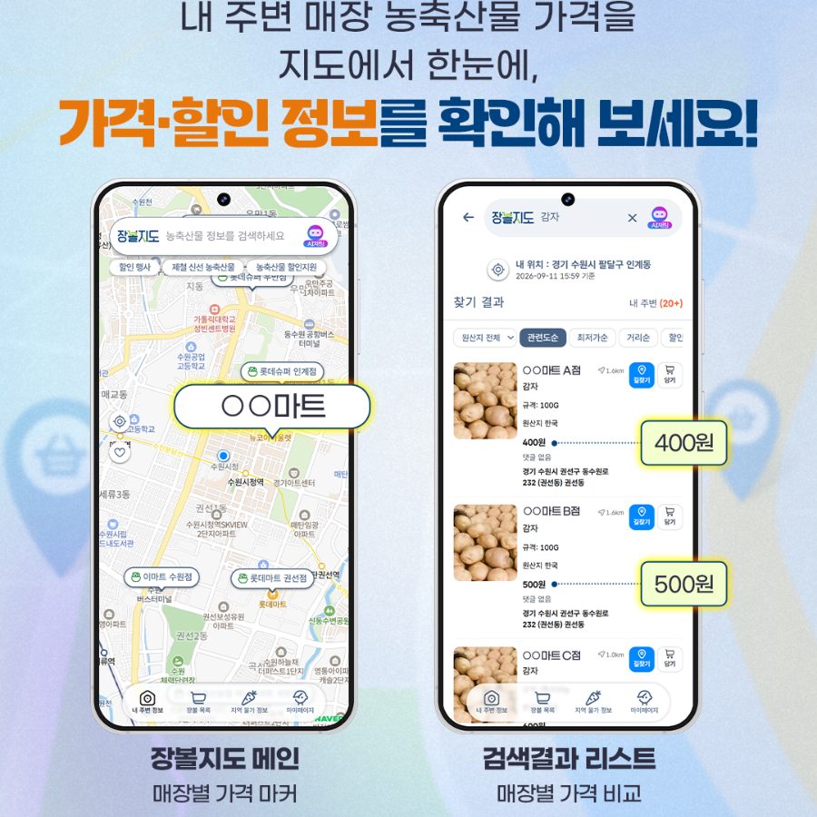 장볼지도 메인·검색결과 화면